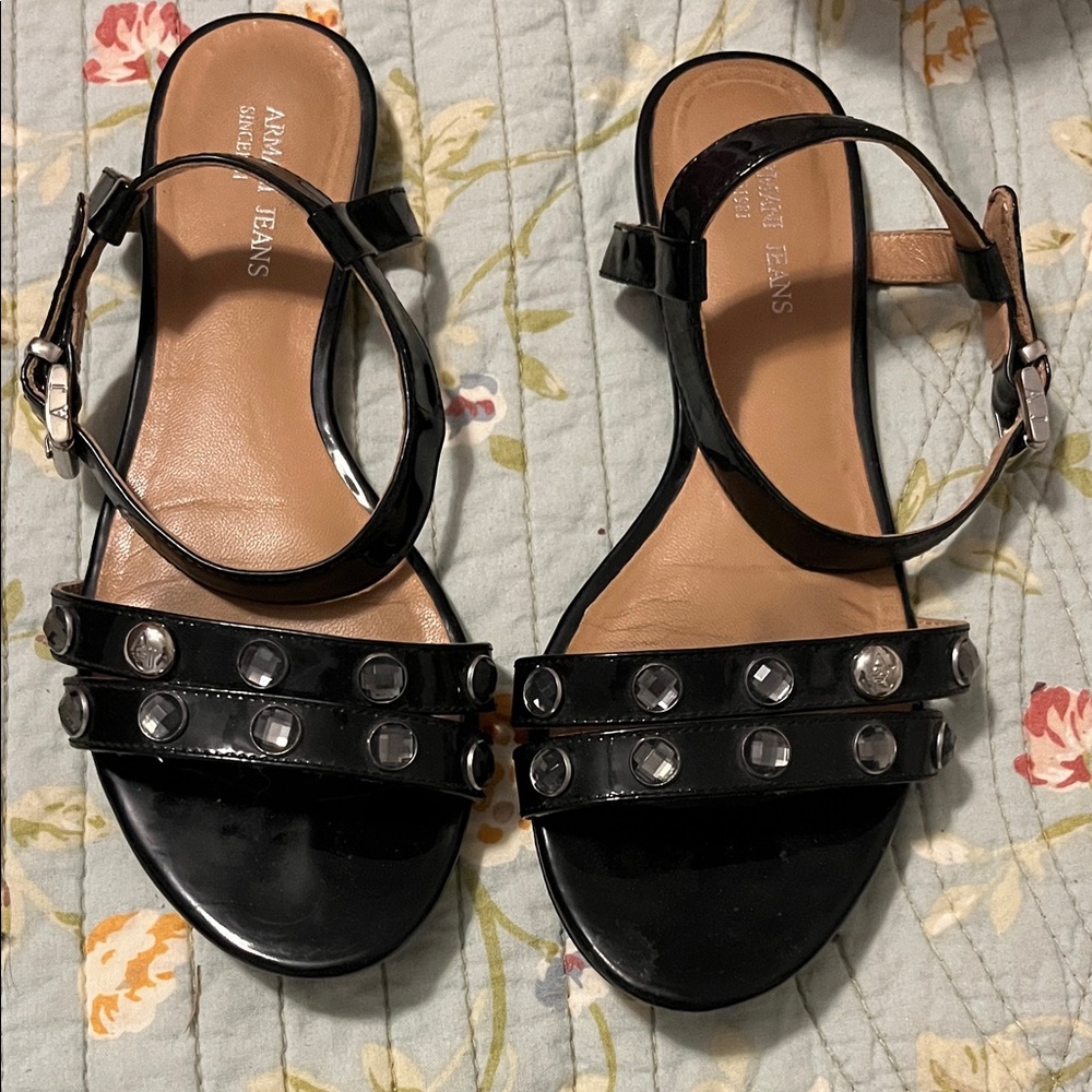 Armani Jeans Black Sandals with Silver Accents